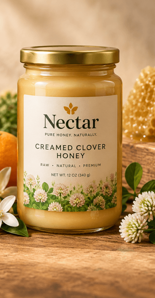 Jar of pale whipped Nectar creamed clover honey beside clover blossoms and honeycomb