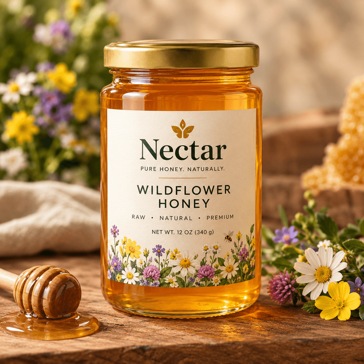 Glass jar of Nectar wildflower honey with a wooden honey dipper